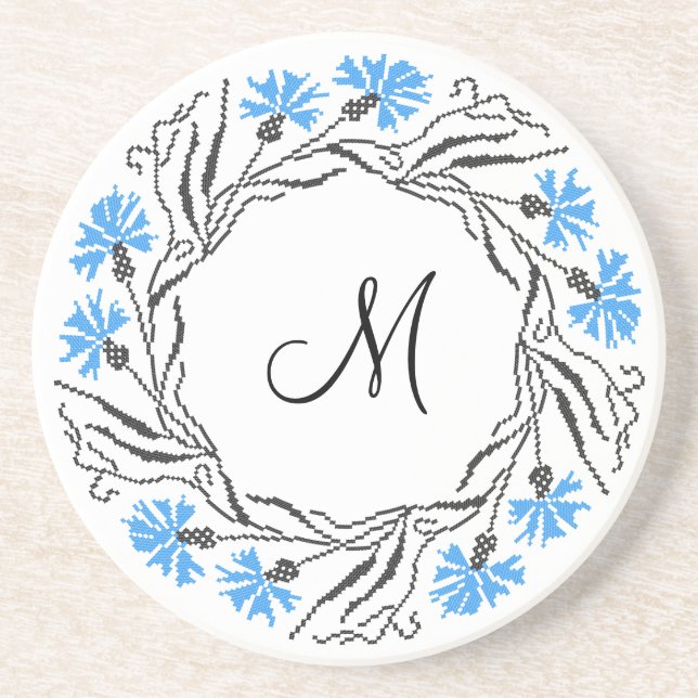 Cross-stitch Cornflower Circle  Monogram Initial Coaster (Front)
