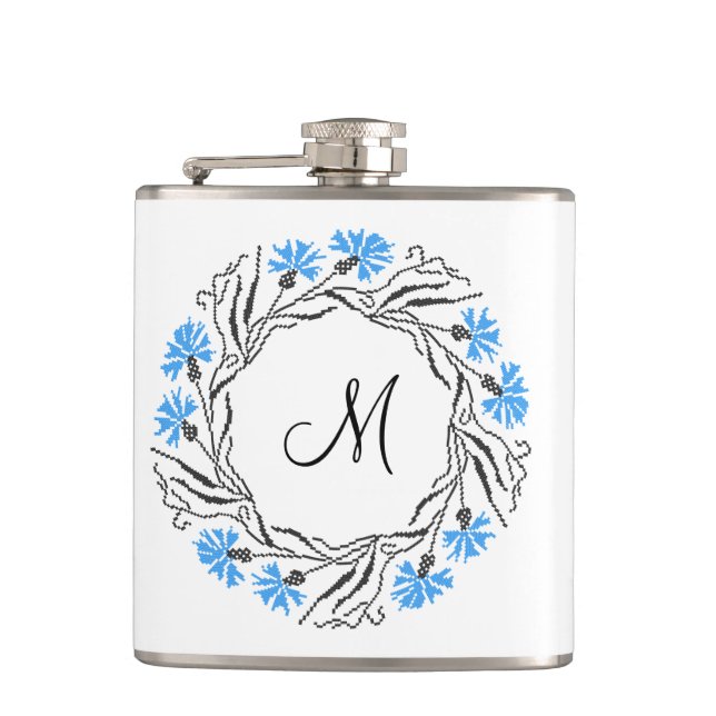 Cross-stitch Cornflower Circle  Monogram Initial Hip Flask (Front)