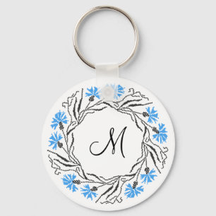 Cross-stitch Cornflower Circle Monogram Initial Keychain