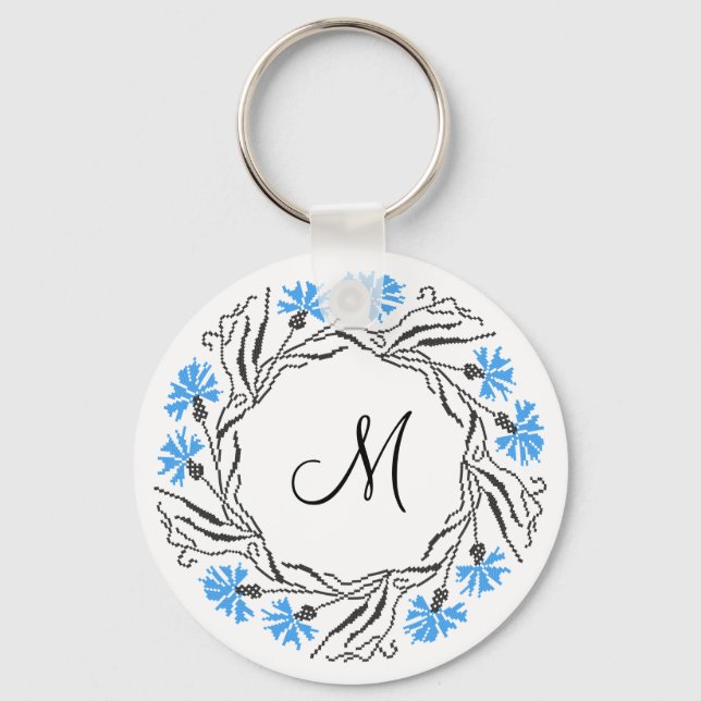 Cross-stitch Cornflower Circle  Monogram Initial Keychain (Front)