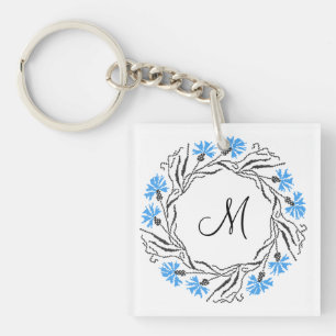Cross-stitch Cornflower Circle  Monogram Initial Keychain