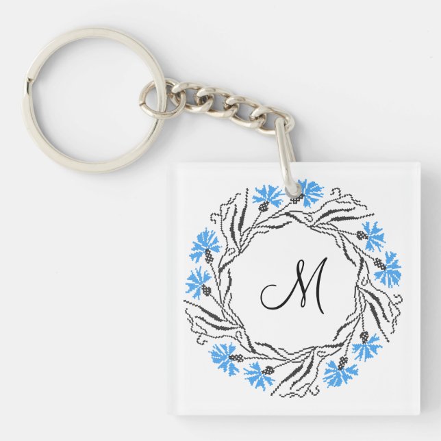 Cross-stitch Cornflower Circle  Monogram Initial Keychain (Front)