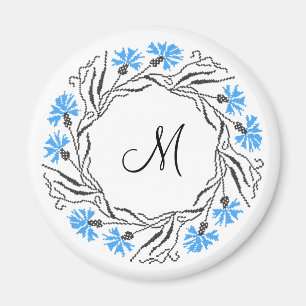 Cross-stitch Cornflower Circle  Monogram Initial Magnet