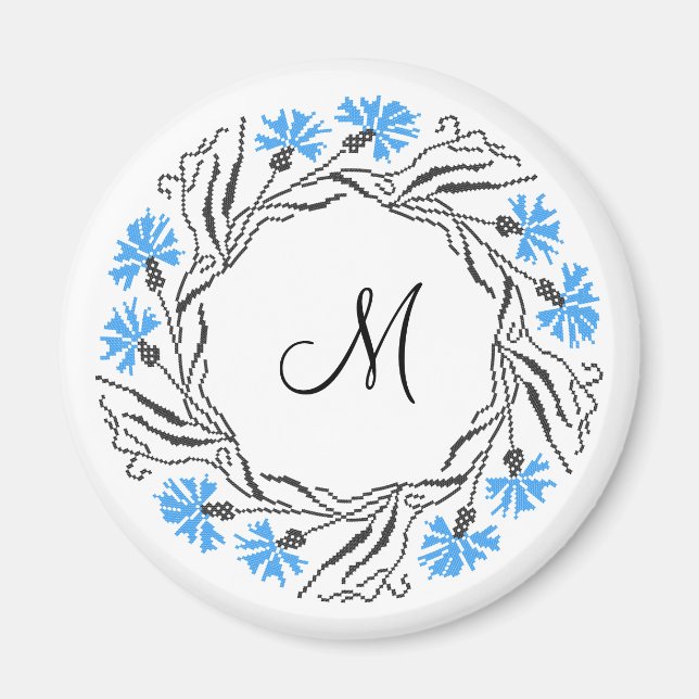 Cross-stitch Cornflower Circle  Monogram Initial Magnet (Front)