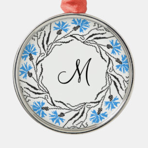 Cross-stitch Cornflower Circle Monogram Initial Metal Ornament