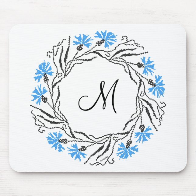 Cross-stitch Cornflower Circle  Monogram Initial Mouse Pad (Front)