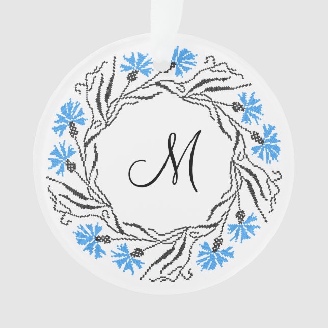 Cross-stitch Cornflower Circle  Monogram Initial Ornament (Front)