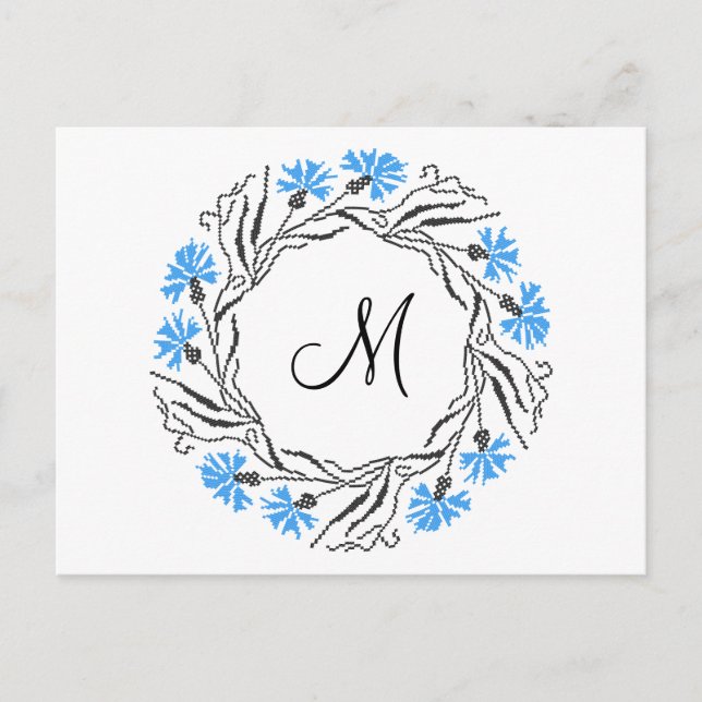 Cross-stitch Cornflower Circle  Monogram Initial Postcard (Front)