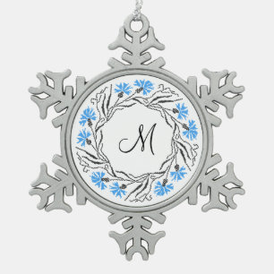 Cross-stitch Cornflower Circle  Monogram Initial Snowflake Pewter Christmas Ornament
