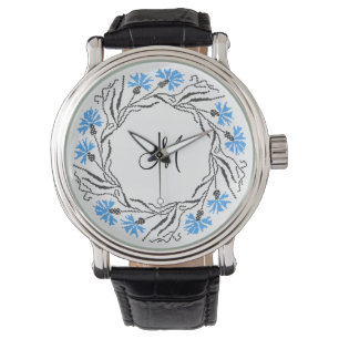 Cross-stitch Cornflower Circle Monogram Initial Watch