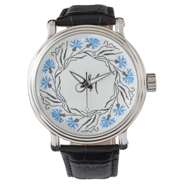 Cross-stitch Cornflower Circle  Monogram Initial Watch (Front)