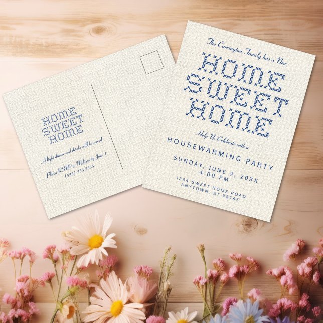 Cross-Stitch Home Sweet Home Blue Housewarming Postcard (Rustic and Charming Faux Cross stitch Home Sweet Home Blue Housewarming Postcard Invitation)