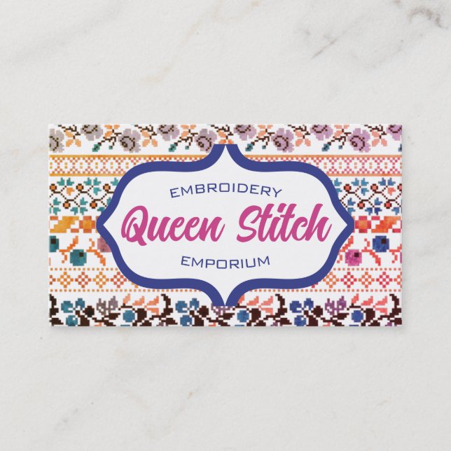 Cross stitch pixel art embroidery flowers blue business card (Front)