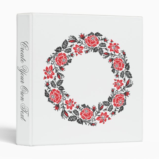 Cross-stitch Red Roses Circle Monogram Initial Binder (Front/Spine)
