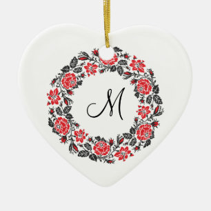 Cross-stitch Red Roses Circle Monogram Initial Ceramic Ornament