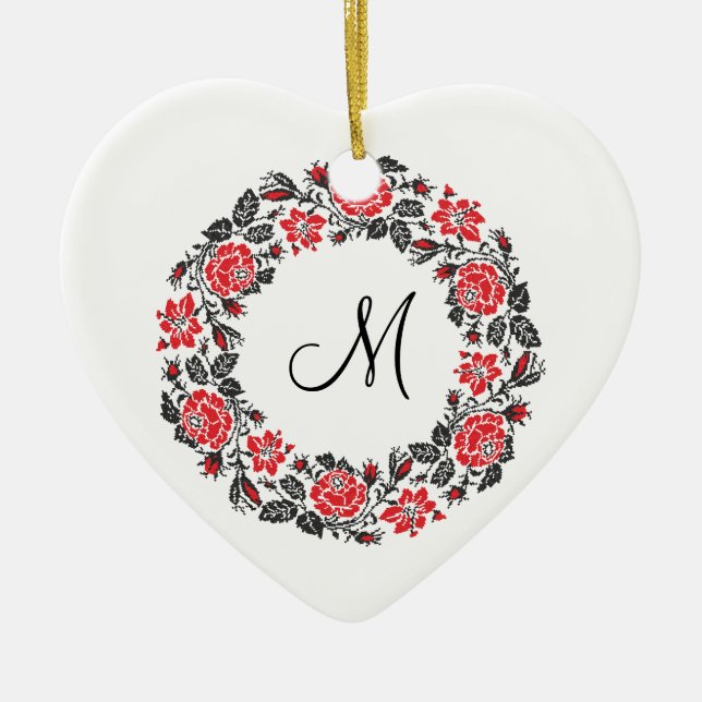 Cross-stitch Red Roses Circle Monogram Initial Ceramic Ornament (Front)