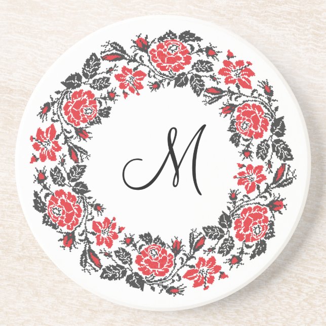 Cross-stitch Red Roses Circle Monogram Initial Coaster (Front)