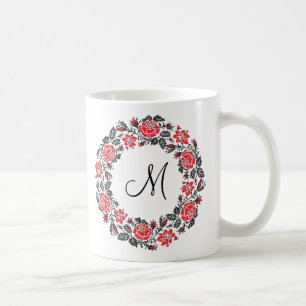 Cross-stitch Red Roses Circle Monogram Initial Coffee Mug
