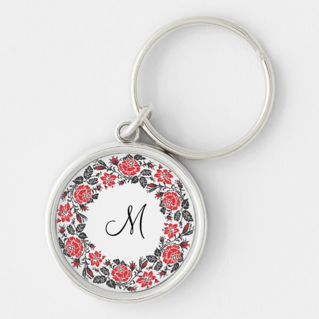 Cross-stitch Red Roses Circle Monogram Initial Keychain (Front)