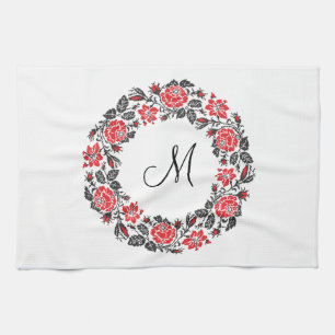 Cross-stitch Red Roses Circle Monogram Initial Kitchen Towel