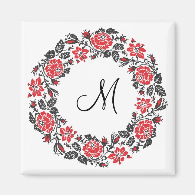 Cross-stitch Red Roses Circle Monogram Initial Magnet (Front)