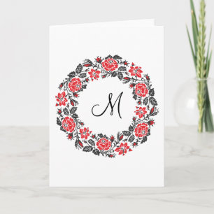 Cross-stitch Red Roses Circle Monogram Initial Note Card