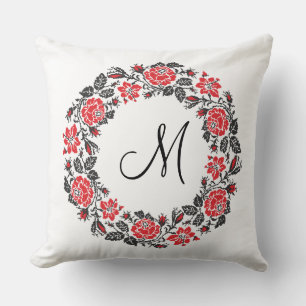 Cross-stitch Red Roses Circle Monogram Initial Throw Pillow