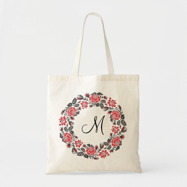 Cross-stitch Red Roses Circle Monogram Initial Tote Bag (Front)