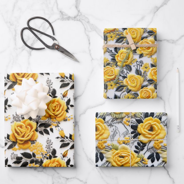 Cross Stitch Texture Black and Yellow Roses Wrapping Paper Sheet (Front)