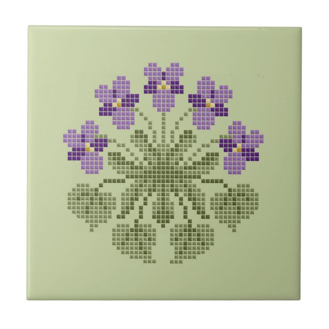 "Cross Stitch" Violets Ceramic Tile (Front)