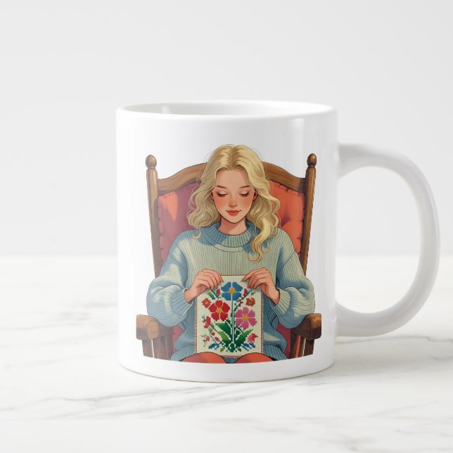 Cross Stitch Woman Design- Craft Lover Large Coffee Mug (Right)
