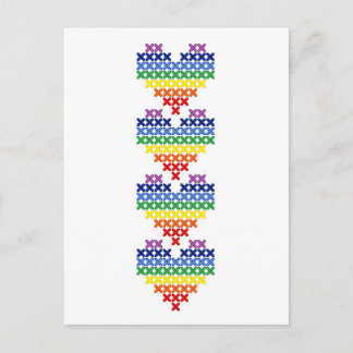 Cross stitched rainbow hearts postcard