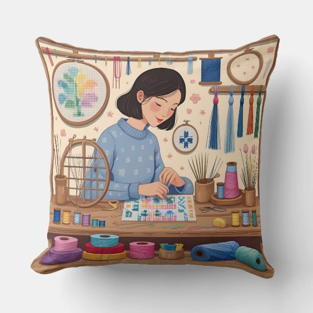 Cross Stitching as a Hobby Throw Pillow (Front)