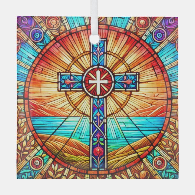 Cross Suncatcher Ornament Stained Glass Design (Front)