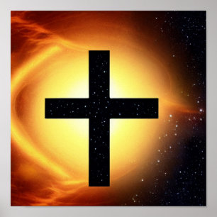 Cross Surrounded by Stars in Fire Nebula Poster