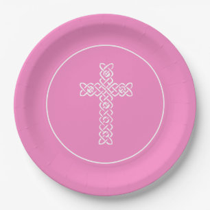 Cross Taffy Pink Communion Baptism Christening Paper Plate