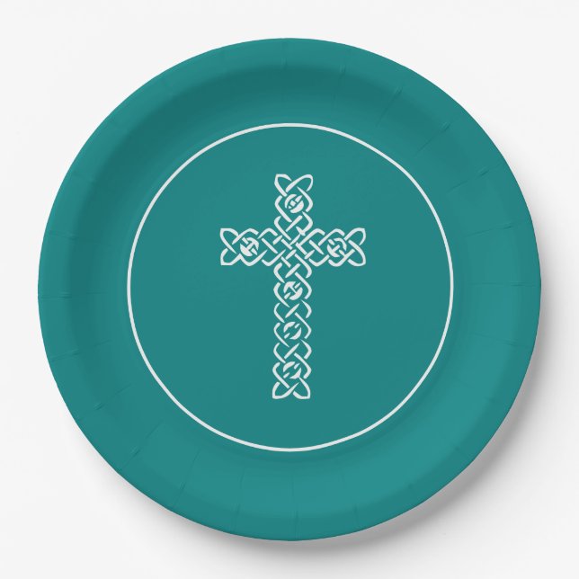 Cross | Teal Blue Communion Baptism Christen Paper Plate (Front)