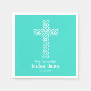 Cross   Turquoise Communion Baptism Christening Napkin