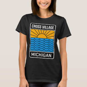 Cross Village Michigan - Retro Sunset Sign T-Shirt