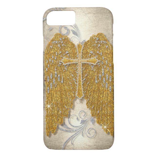 Cross w Glitter Diamond Jewel Look Angel Wings Case-Mate iPhone Case (Back)