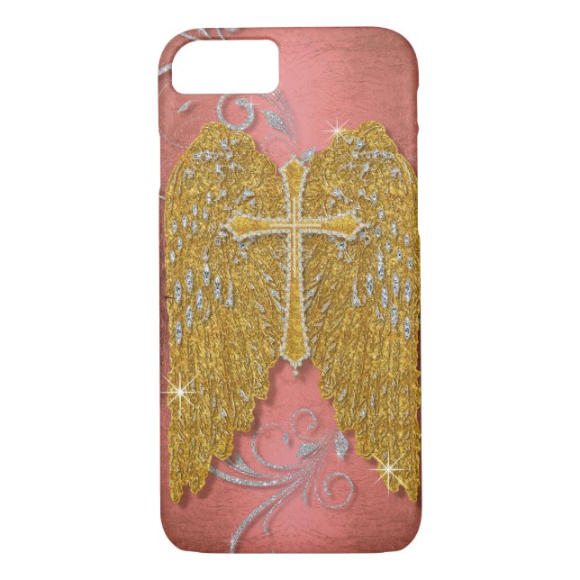 Cross w Glitter Diamond Jewel Look Angel Wings Case-Mate iPhone Case (Back)