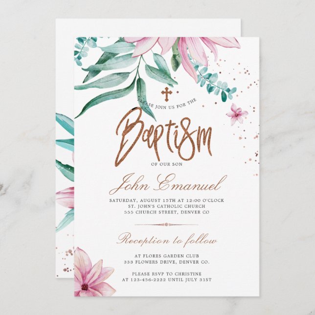 Cross watercolor elegant floral baptism invitation (Front/Back)