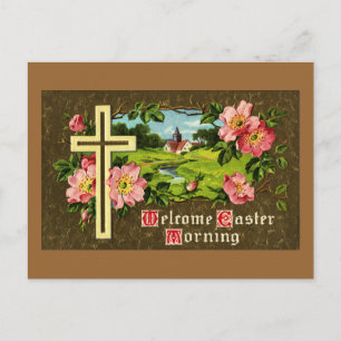 Cross, Wild Roses and Church Vintage Easter Holiday Postcard