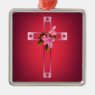 Cross with Azalea Flowers Easter Metal Ornament