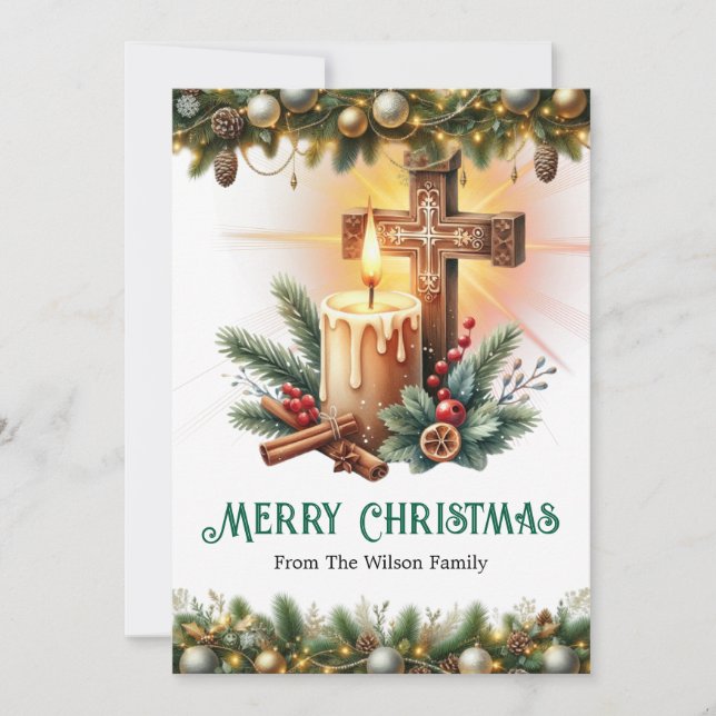 Cross with Candle and Cinnamon Sticks, Christmas Holiday Card (Front)