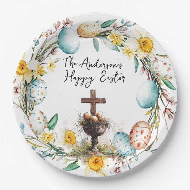 Cross with decorative eggs I floral Easter Paper Plate (Front)