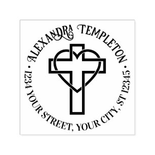 Cross with Entwined Heart Name Return Address Rnd Self-inking Stamp