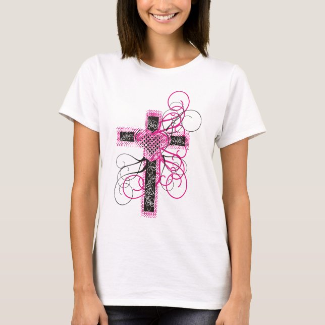 Cross with heart and scrolls T-Shirt (Front)