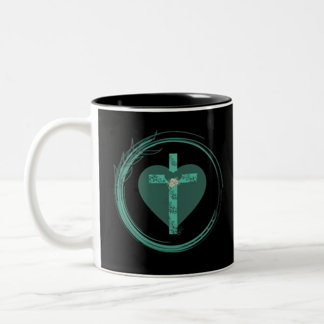 Cross with heart Circle Emerald Green Mug (Left)