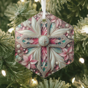 Cross with Poinsettias and Pearls Glass Ornament